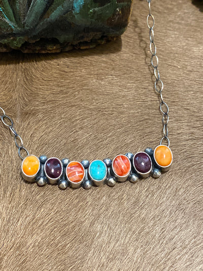 Alita Sterling Chain With 7 Stone Turquoise & Spiny Curved Pendant - 20"