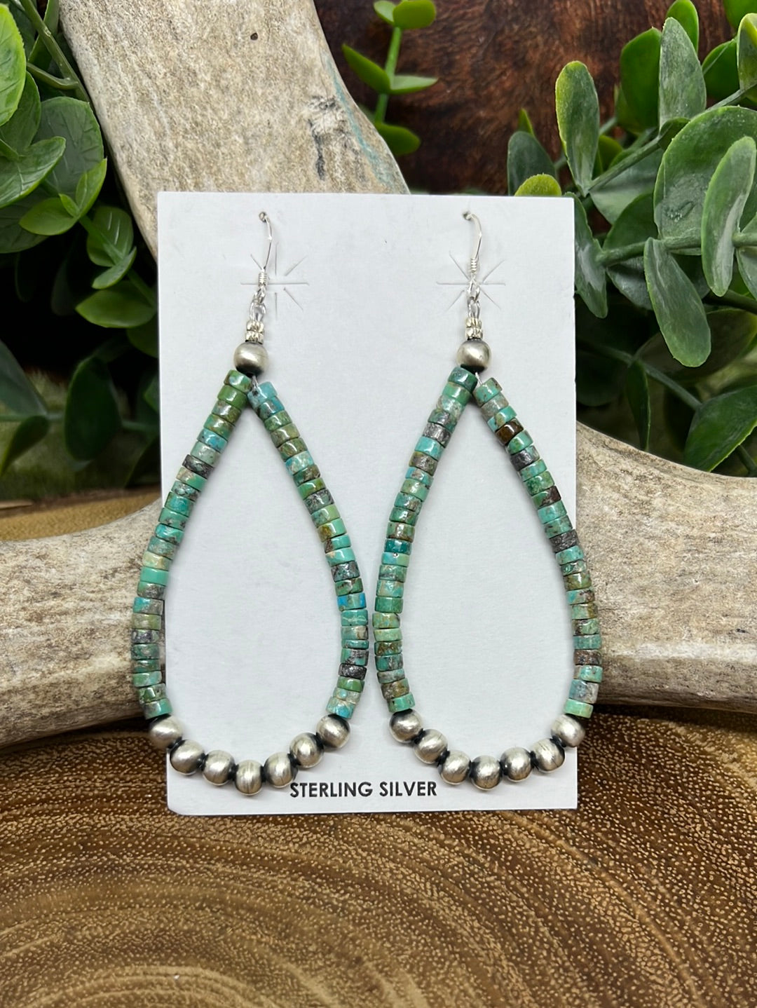 Vanna Kingman Turquoise Heishi 5mm Navajo Teardrop Earrings - 3.25"