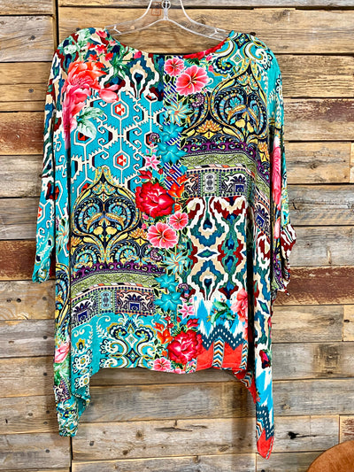 Beautiful Garden Silk Viscose Poncho Blouse