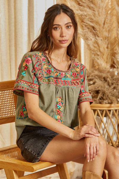 Olive Embroidered Blouse