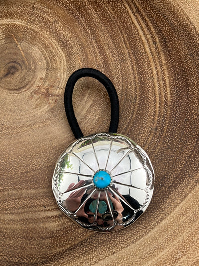 St Francis Sterling Concho Shield Hair Tie with Turquoise - 2"