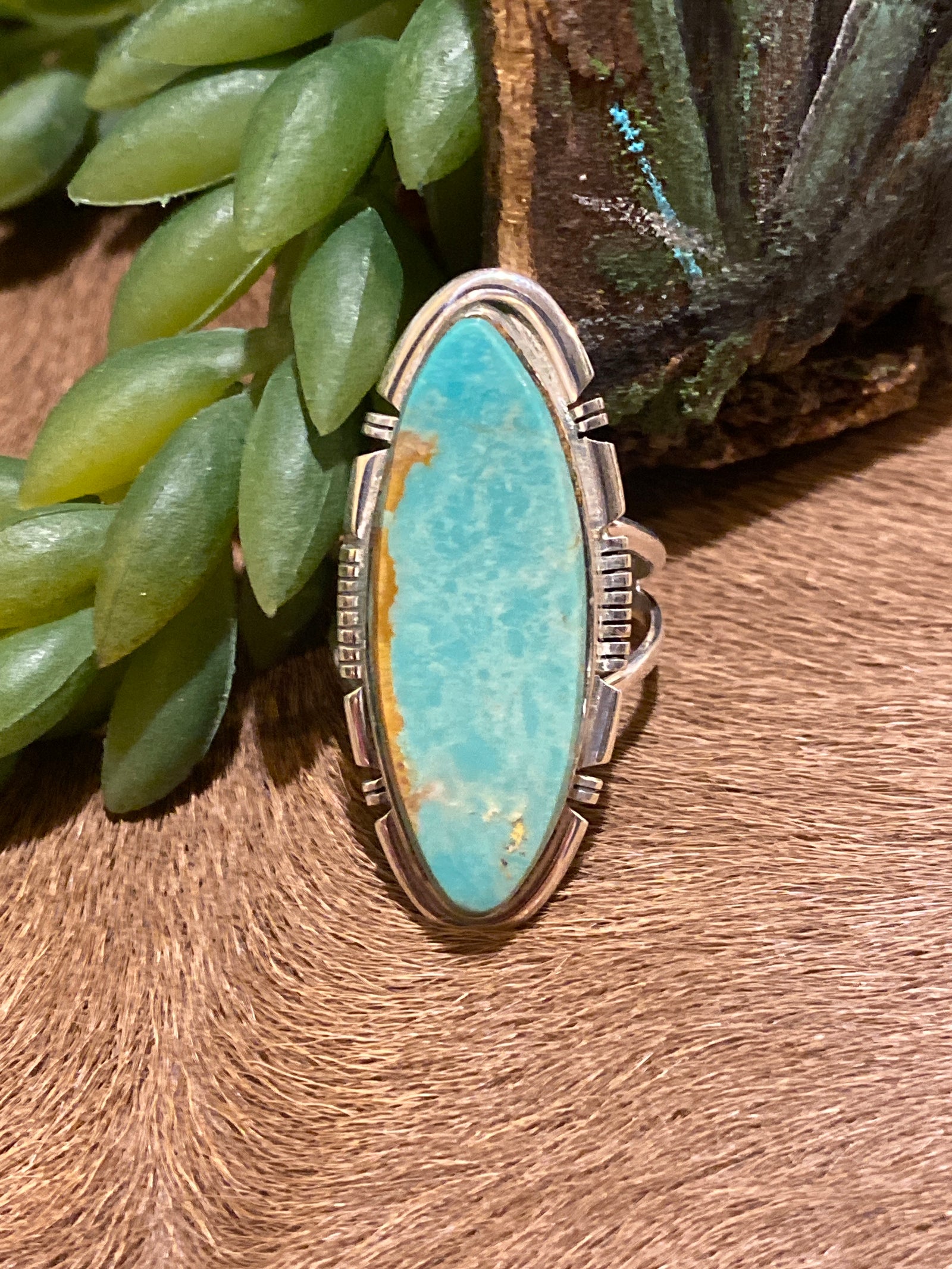 Westland Notched Sterling Flat Egg-Shaped Turquoise Ring - Size 9