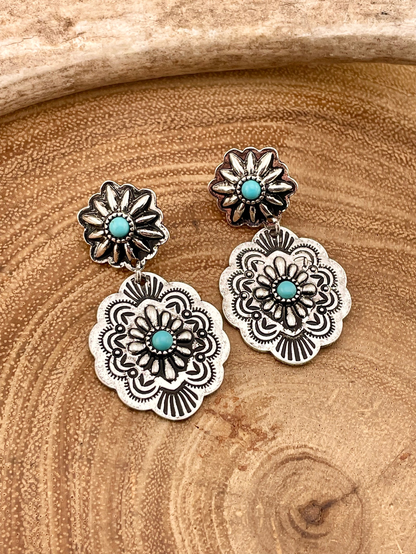 Melba Double Scalloped Concho Post Earrings - Turquoise
