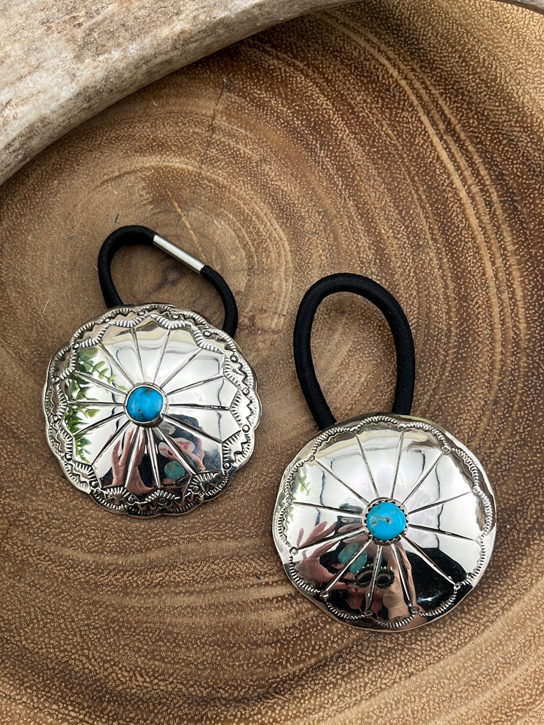 St Francis Sterling Concho Shield Hair Tie with Turquoise - 2"