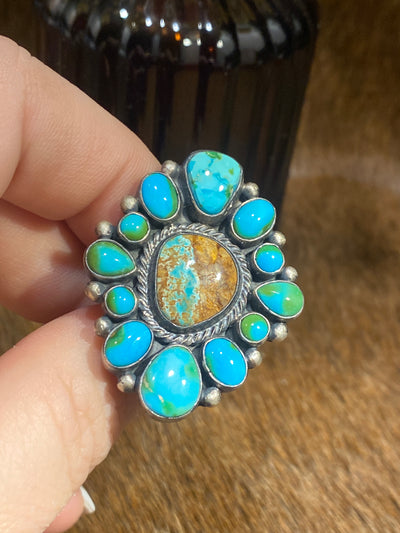 Chaldean Sonoran Gold Turquoise Cluster Sterling Ring - Adjustable