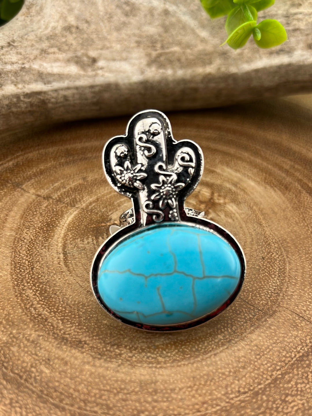 Gordon Flowered Cactus on a Stone Fashion Cuff Ring - Turquoise