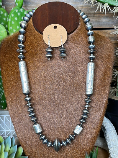 Dakota Stamped Sterling Silver Barrel Bead & Saucer Bead Necklace & Earring Set