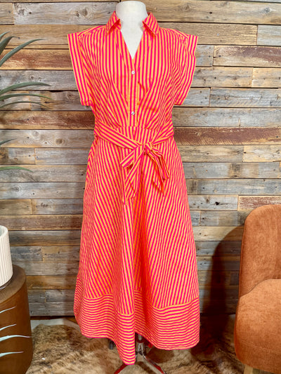 Felicia Hot Pink & Orange Striped Midi Dress