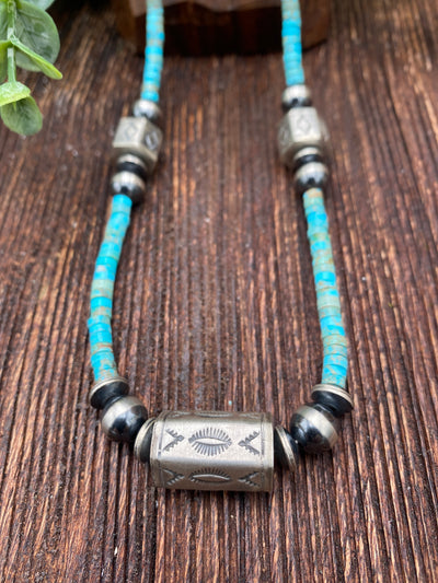 Rory Turquoise Heishi Necklace With Pearls, Saucers & Stamped Hex Beads - 18"