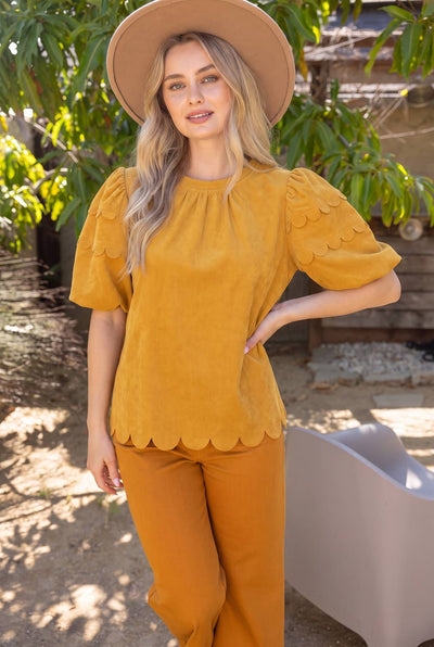 37225 Scalloped Hemline Bubble Sleeve Solid Corduroy Top