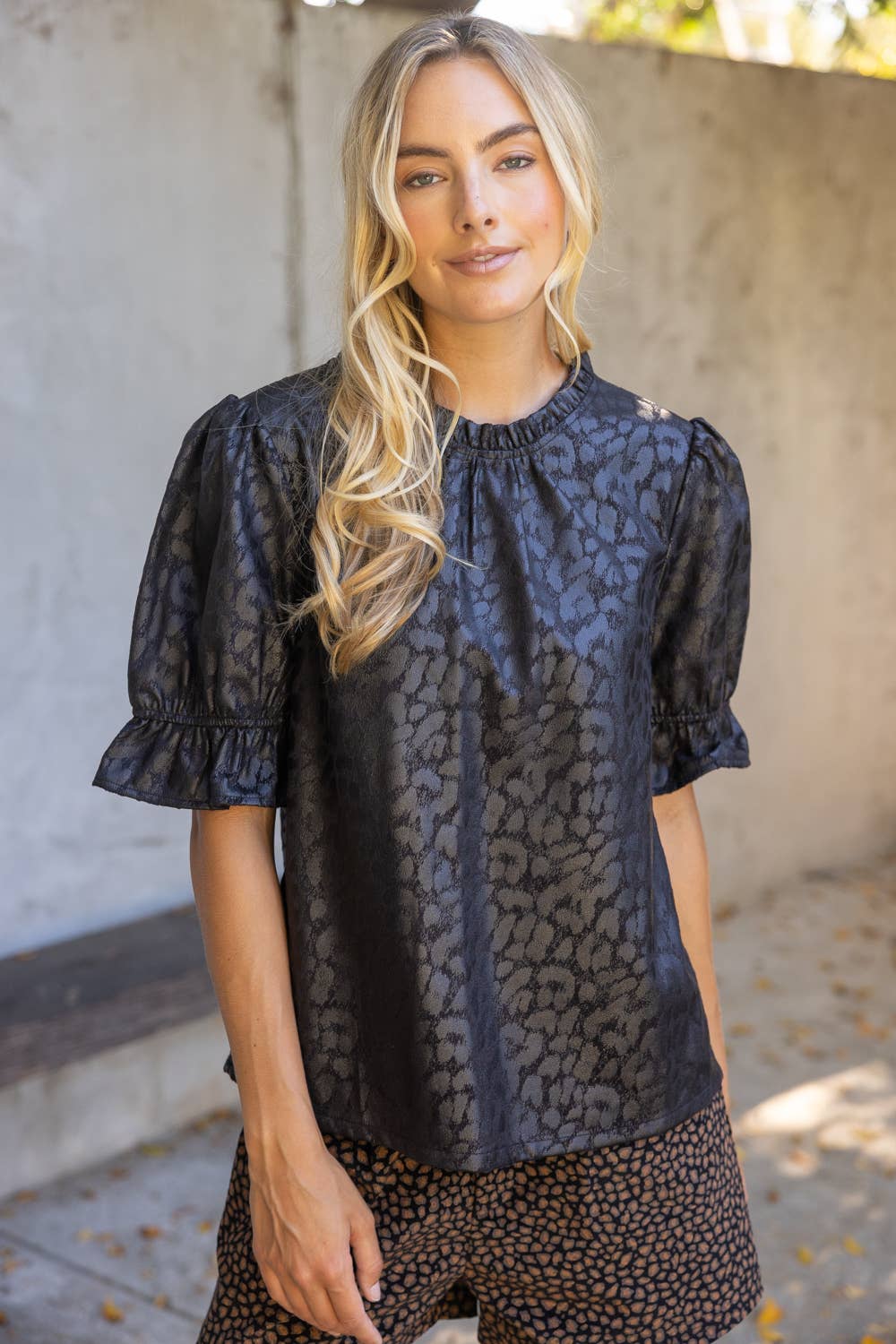 37319 Ruffled Puff Sleeve Animal Print Faux Leather Top