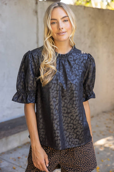 37319 Ruffled Puff Sleeve Animal Print Faux Leather Top