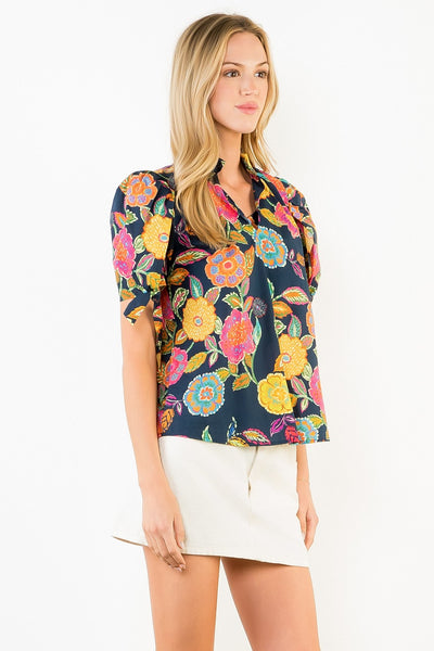 Short Sleeve Floral Pattern V-neck Top