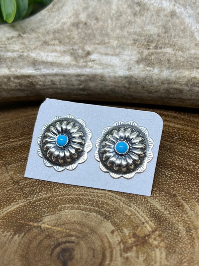 Bundt Sterling .75" Scalloped Round Concho Post Earrings - Turquoise