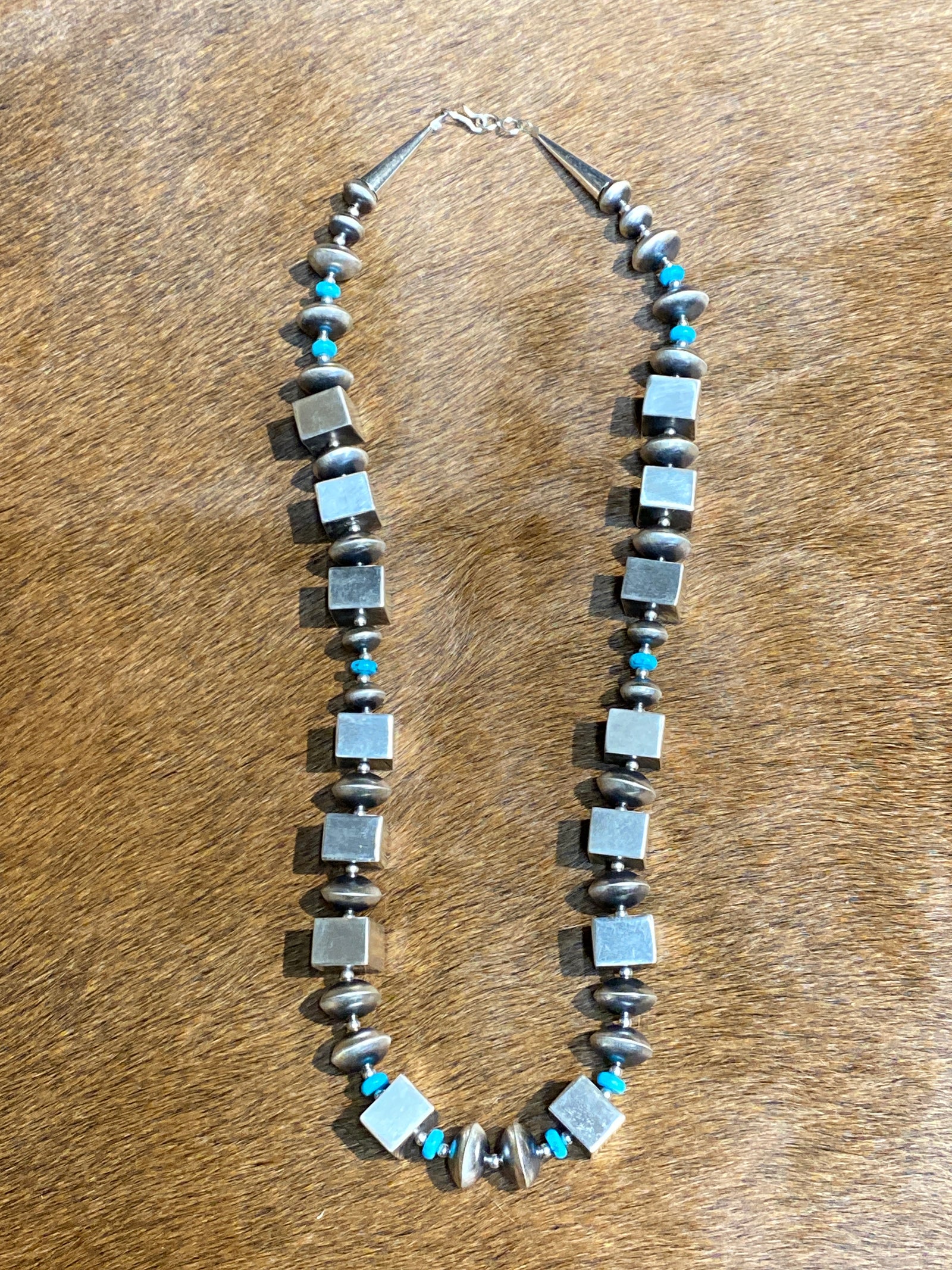 Burnaby Sterling Cube, Turquoise & Saucer Large Bead Necklace & Earring Set - 22"