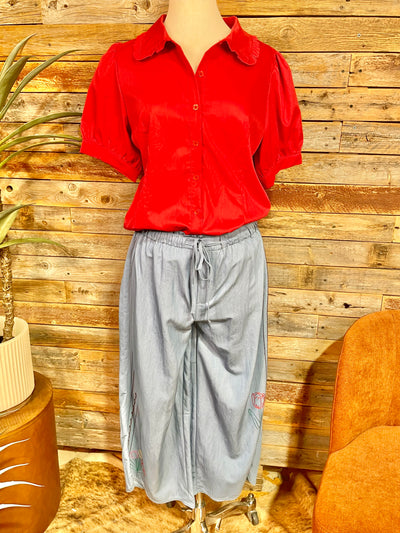 Shayna Washed Denim Embroidered Capris