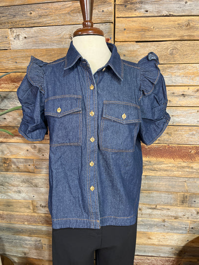 Matty Dark Denim Ruffle Puff Sleeve Blouse