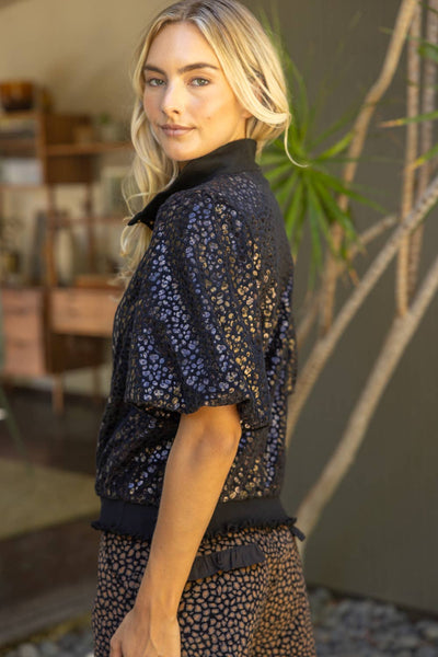 37329 Metallic Animal Print Snap Button Up Top