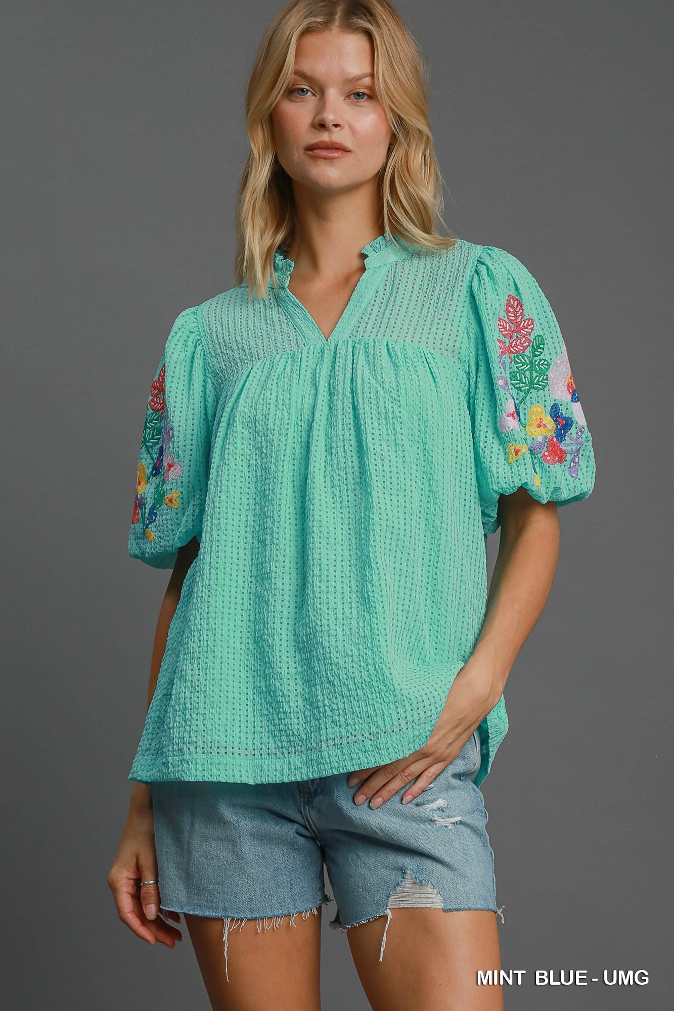 Savannah Embroidered Seersucker Bubble Sleeve Blouse