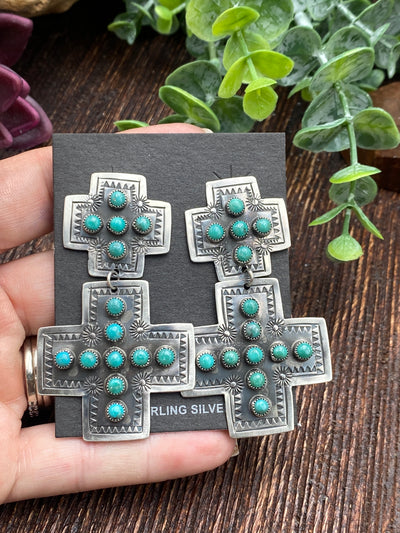 Brandon Linked Double Cross Stamped Earrings - Turquoise