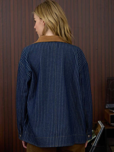 Stripe Corduroy Collar Denim Shacket