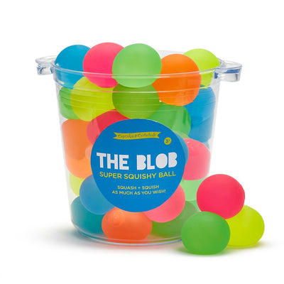 Clear bucket filled with colorful 'The Blob' squishy balls on a white background