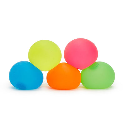 Five neon-colored squishy stress balls in blue, lime green, pink, orange, and light green, arranged in a pyramid on a white background.