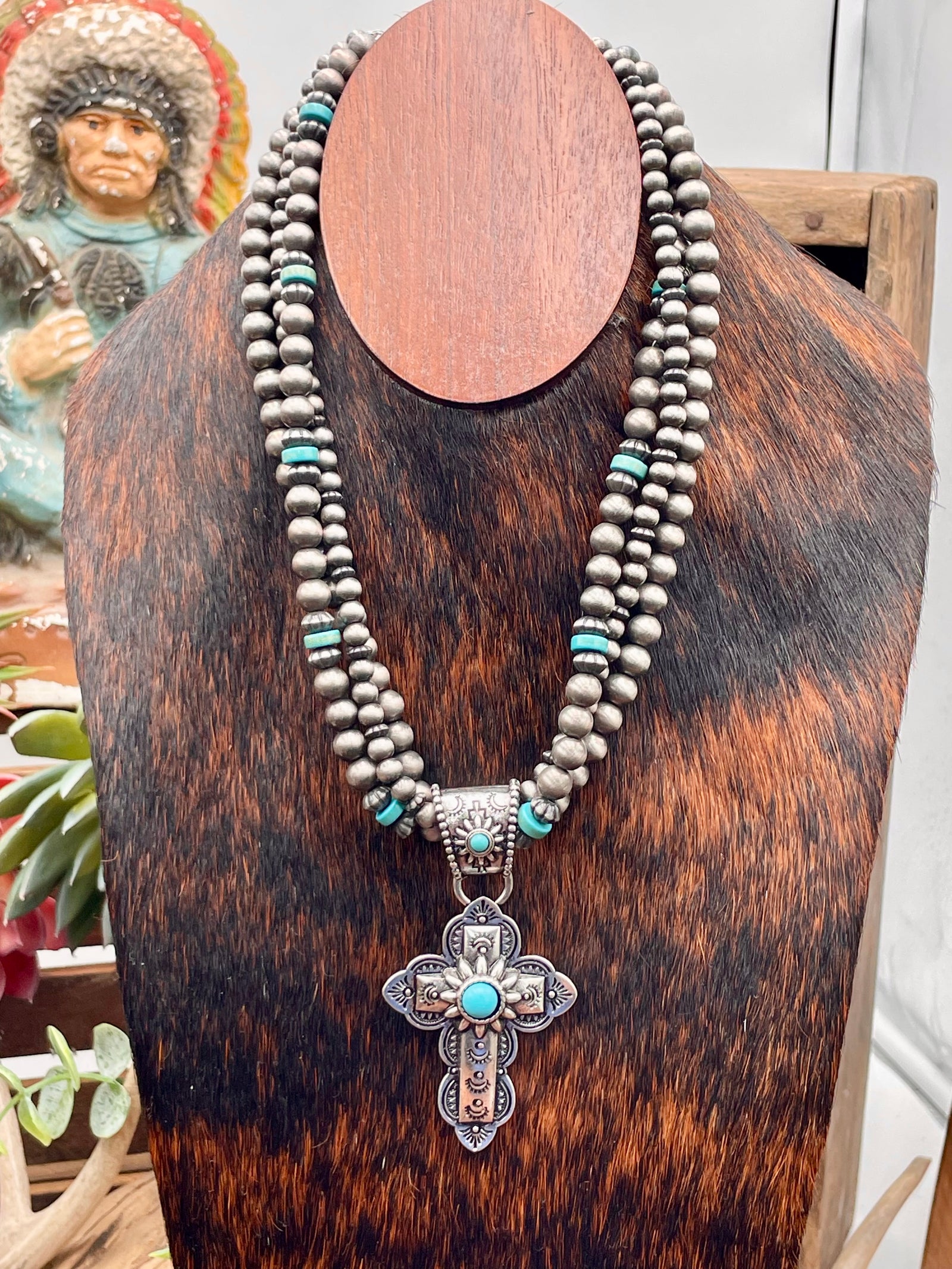 Libby Triple Strand Necklace With Scalloped Cross Pendant - 18"