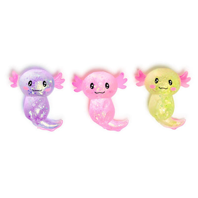 Squishy Glitter Axolotl Toy 3 Colors: Purple, Pink, Yellow