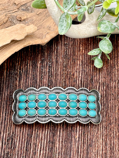 Turquoise stone barrette on a wooden surface with a plant in the background