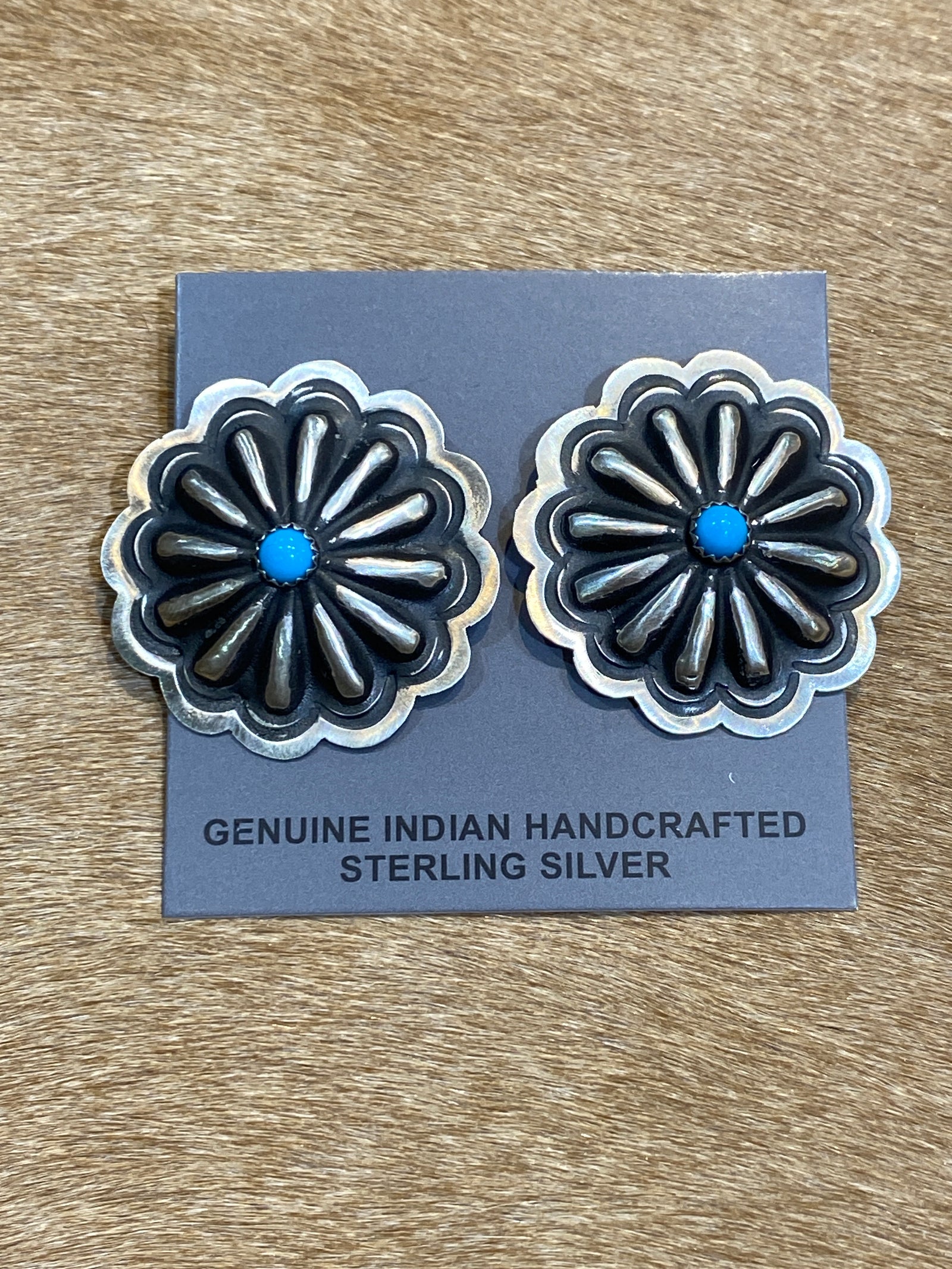 Landry 1.4" Round Scalloped Concho Sterling Earring - Turquoise