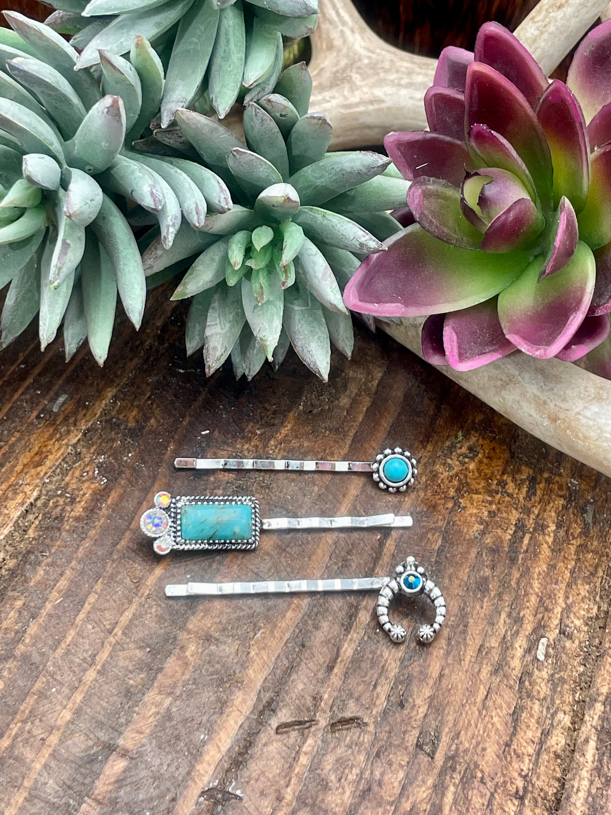 succulent hair pin Bridgerton Turquoise & Rhinestone Fashion Silver 3 Piece Hair Pin Set