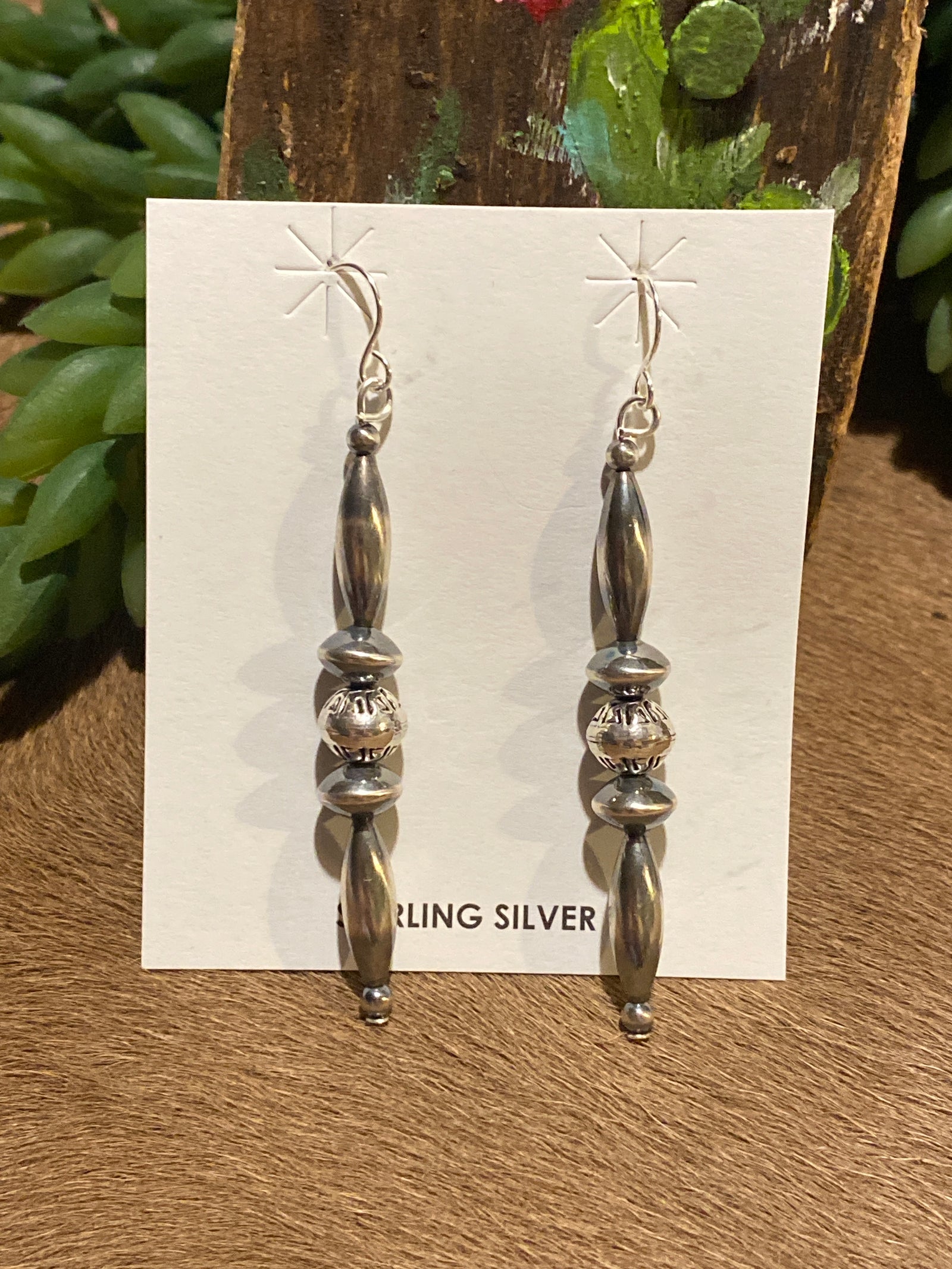 Ozark Stacked Navajo Torpedo Sterling Earrings - 2.6"