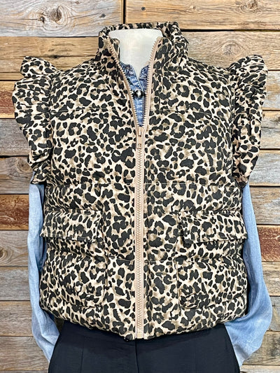 Carmine Ruffled Leopard Puff Vest