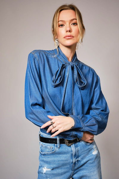 Jill Tie Neck Hidden Button Chambray Blouse