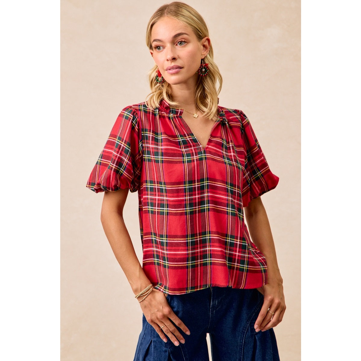 Tartan Plaid Puff Sleeve Blouse