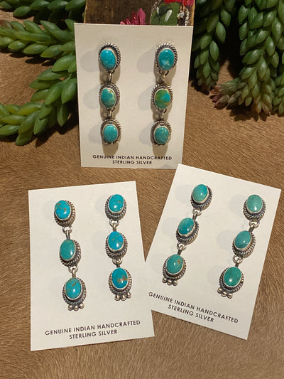 Colonial Linked Triple Oval Stone Earrings - Turquoise