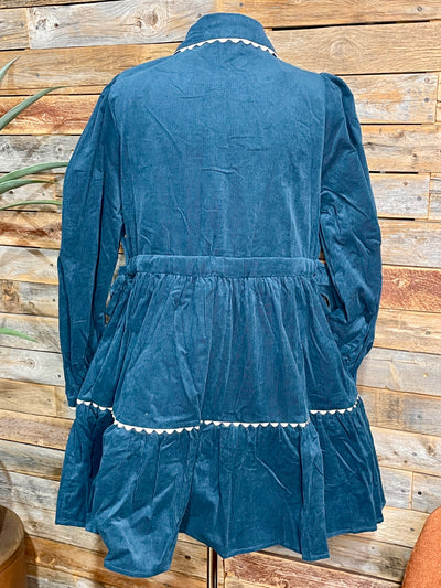 A teal blue velvet long-sleeve dress with white scalloped trim, shown from the back against a rustic wooden plank wall.
