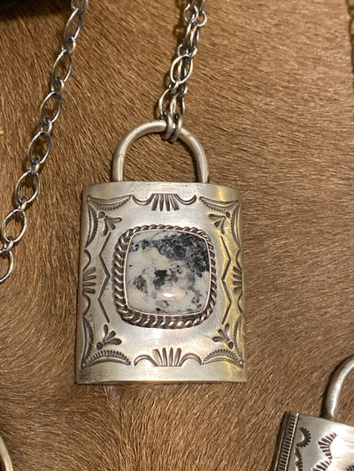 Barry Center Stone Sterling Stamped Lock Necklace - 18"