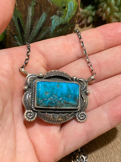 Mistletoe Heights Sterling Framed Turquoise Rectangle Necklace - 16"