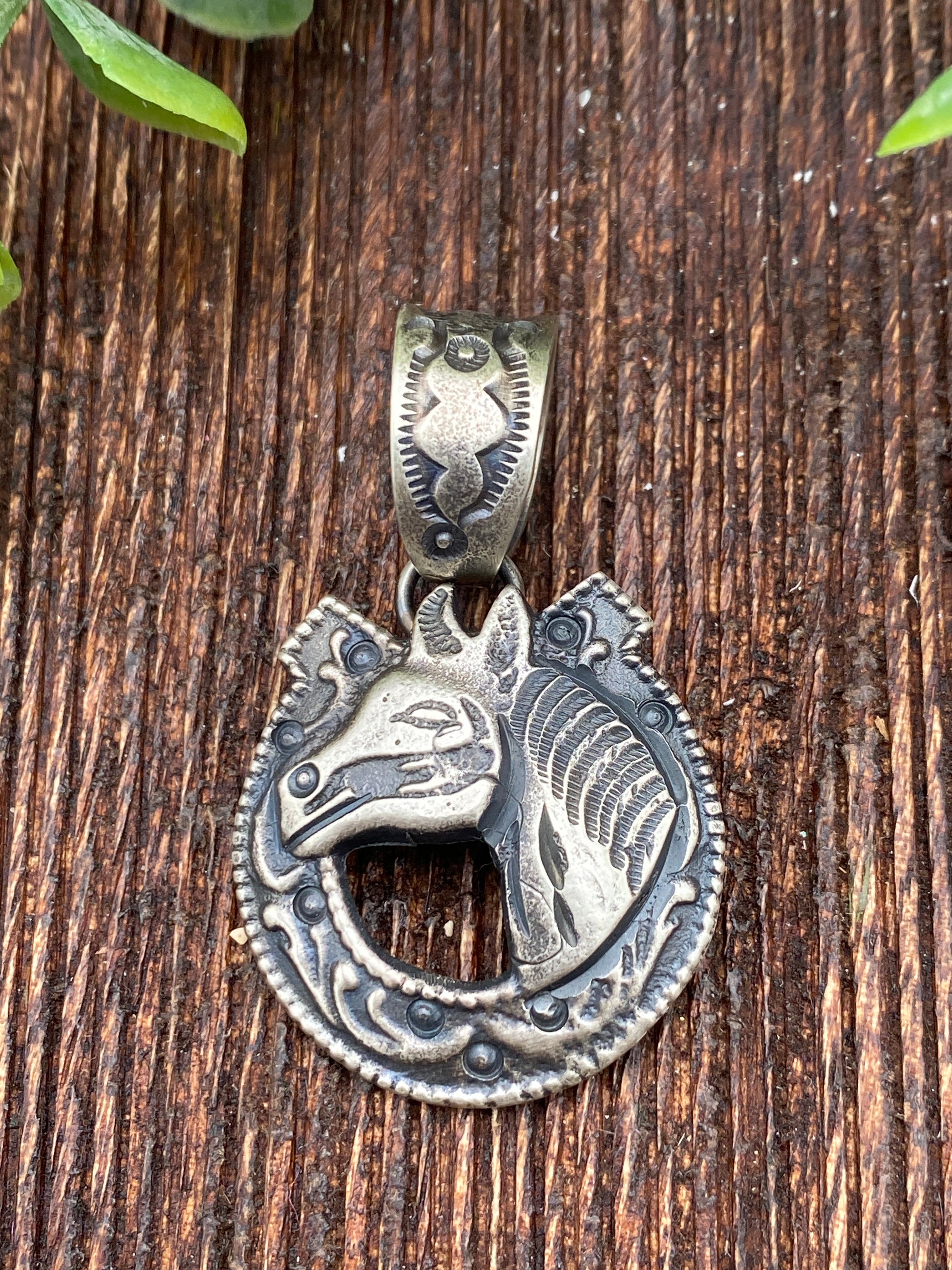 Smokey Stamped Sterling Horse & Horseshoe Pendant