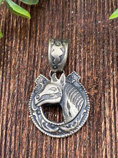 Smokey Stamped Sterling Horse & Horseshoe Pendant