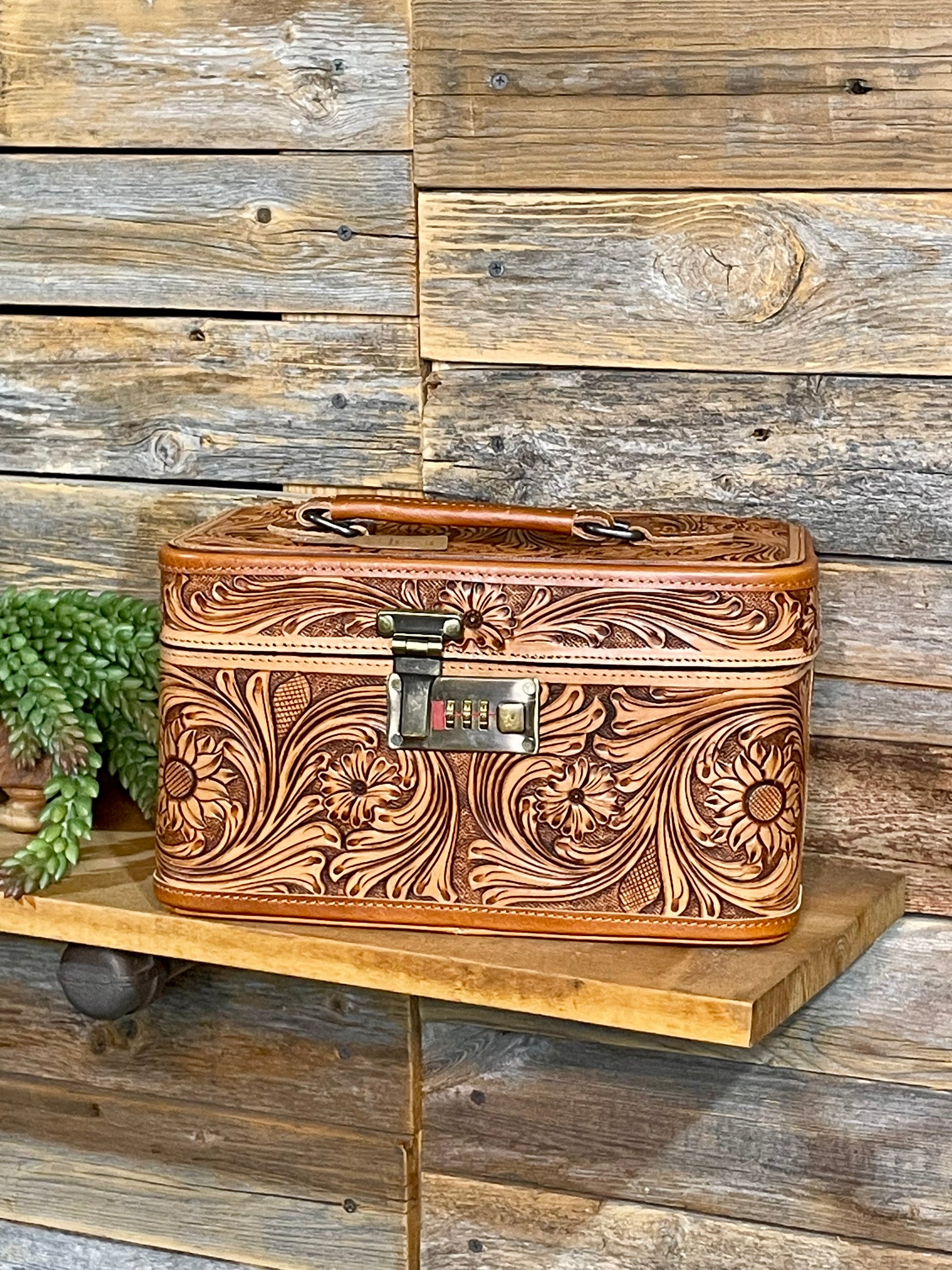 Gardner Brown Tooled Leather Train Case Jewelry Box