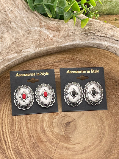 Pair of concho earrings on 'Accessorize in Style' cards with a natural background