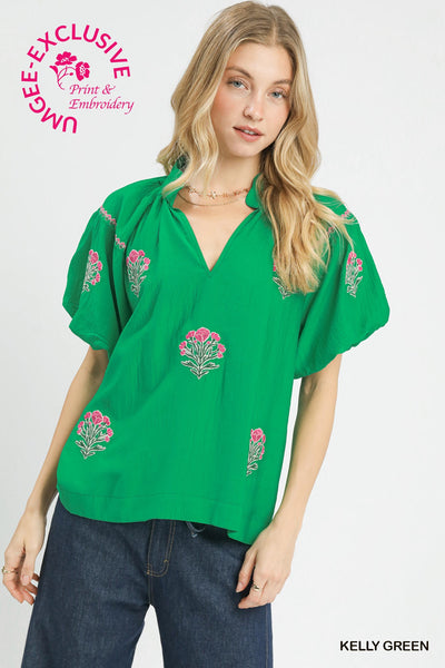 Sara Embroidered Kelly Green Bubble Sleeve Blouse