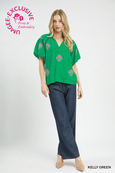 Sara Embroidered Kelly Green Bubble Sleeve Blouse