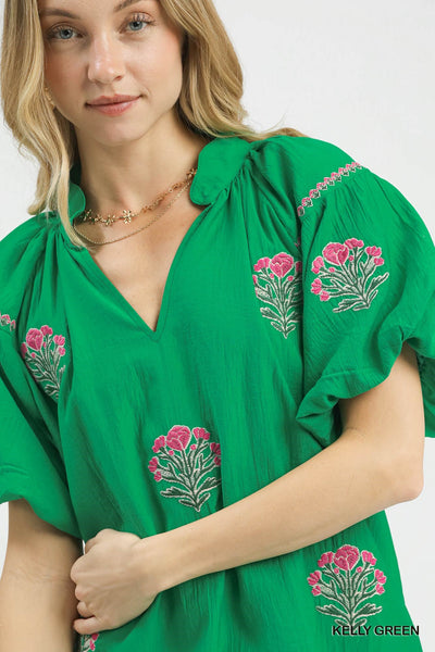 Sara Embroidered Kelly Green Bubble Sleeve Blouse