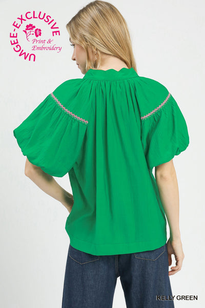 Sara Embroidered Kelly Green Bubble Sleeve Blouse
