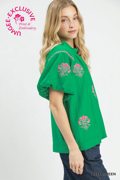 Sara Embroidered Kelly Green Bubble Sleeve Blouse