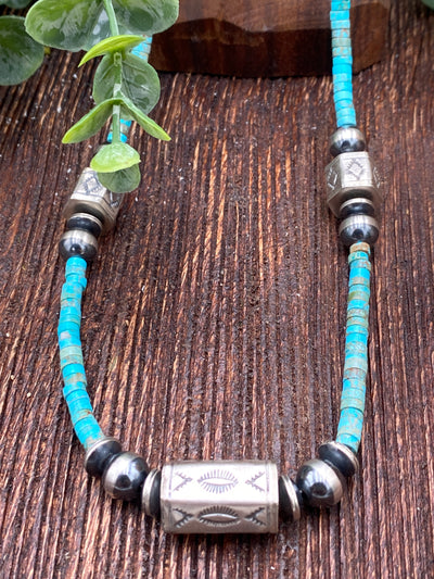 Rory Turquoise Heishi Necklace With Pearls, Saucers & Stamped Hex Beads - 18"